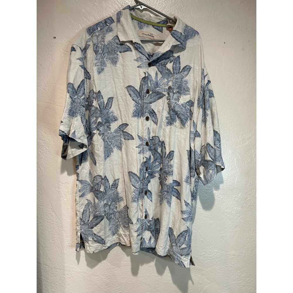Tommy Bahama Mens XLT Silk Tropical Leaf Print Button Front Camp Shirt Blue